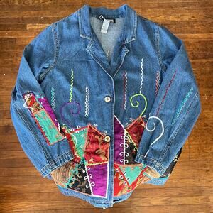 Vintage Embroidered Multicolor Patchwork Applique Denim Blazer Buttoned Jacket